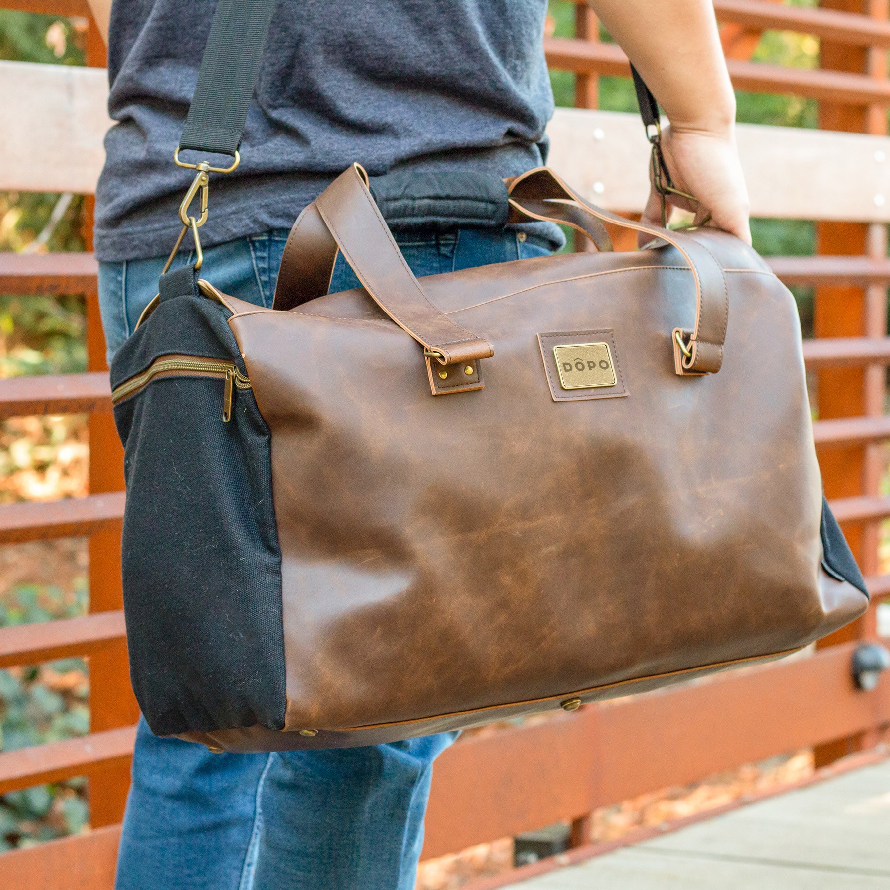 custom leather duffel bag from geek tech branding